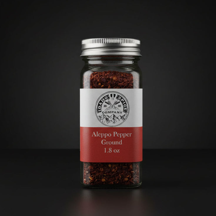Jar of Aleppo pepper with a label on a wooden surface and dark background