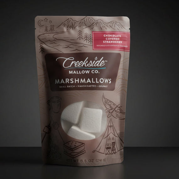 Package of Creekside Marshmallow Co. marshmallows on a wooden surface.