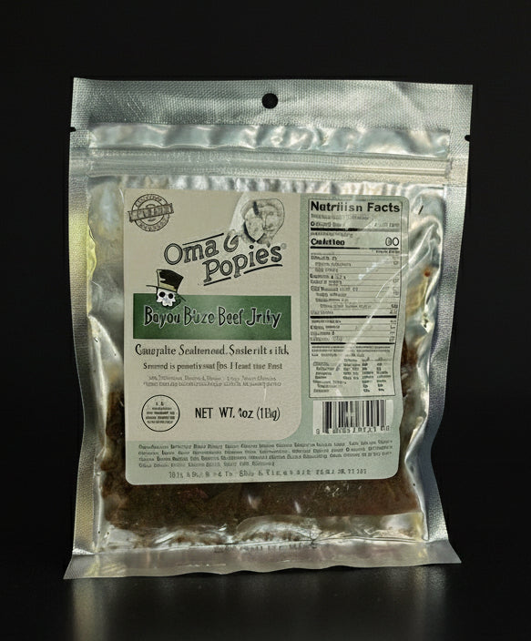 Packaged beef jerky with Oma & Popies branding on a dark background