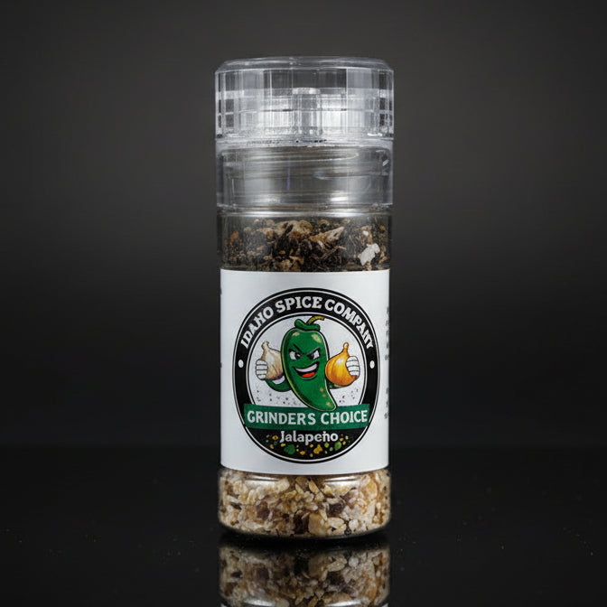 Spice grinder with label on a wooden surface