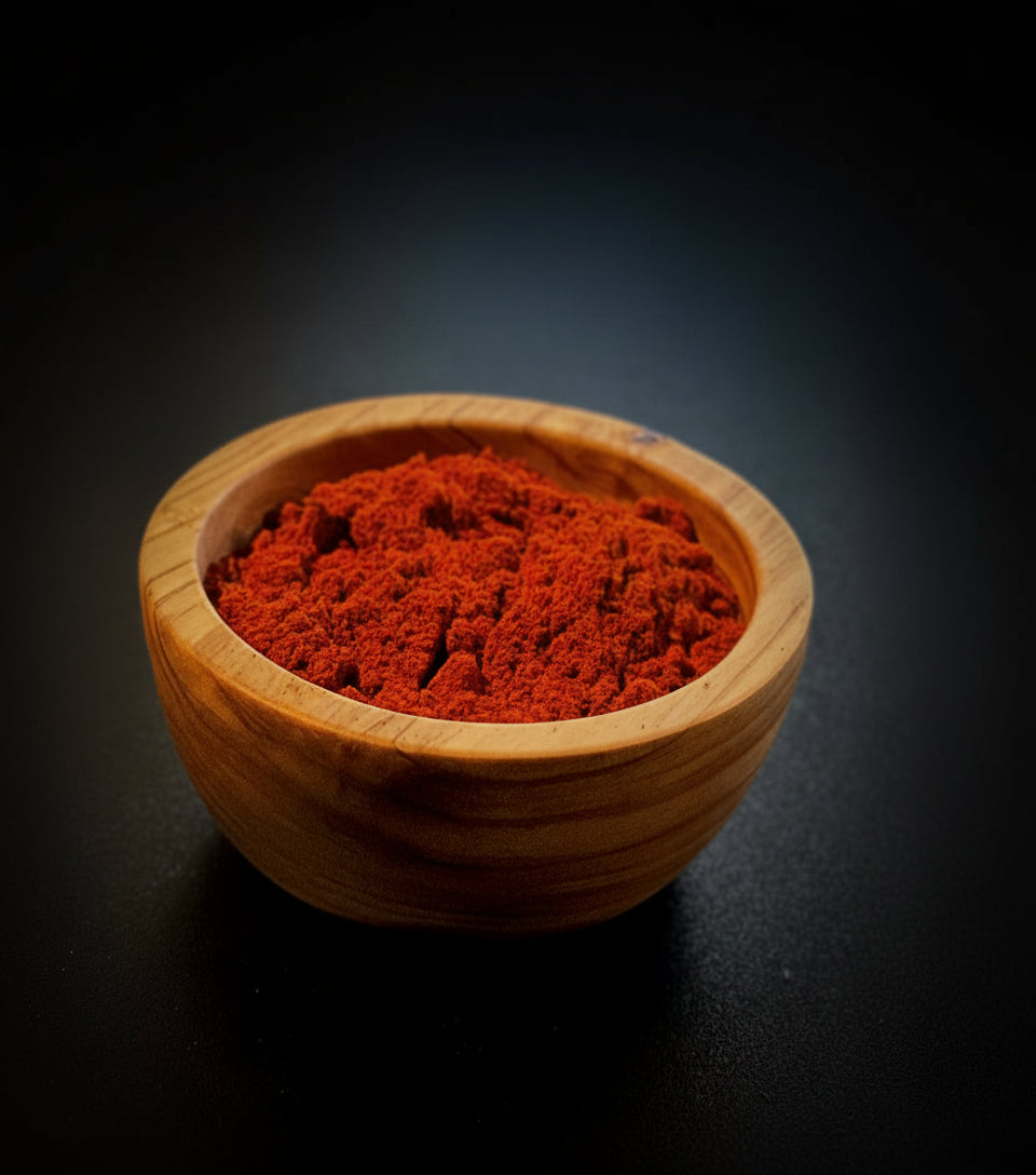 A wooden bowl filled with Annatto seed powder, with a dark, vibrant red-brown color.