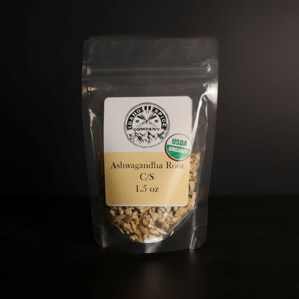 Package of Ashwagandha Root with a label on a black background