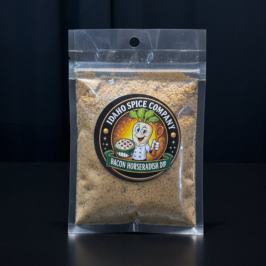 Packaged bacon horseradish dip from Idaho Spice Company on a black background