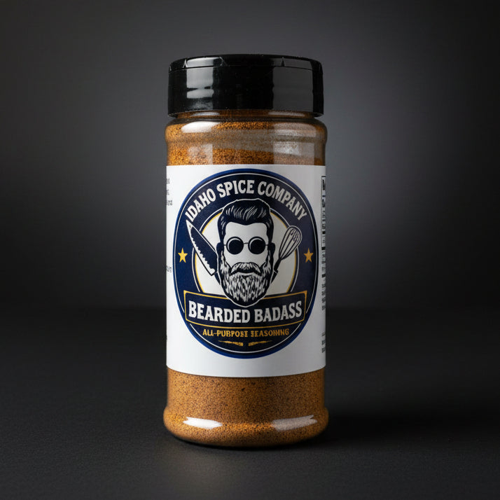 Spice jar labeled 'Bearded Badass' from Idaho Spice Company on a dark background