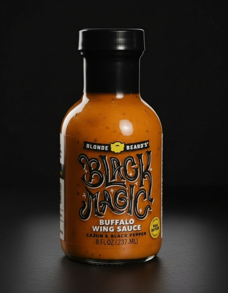 Bottle of Black Magic Buffalo Wing Sauce on a dark surface with a gray background