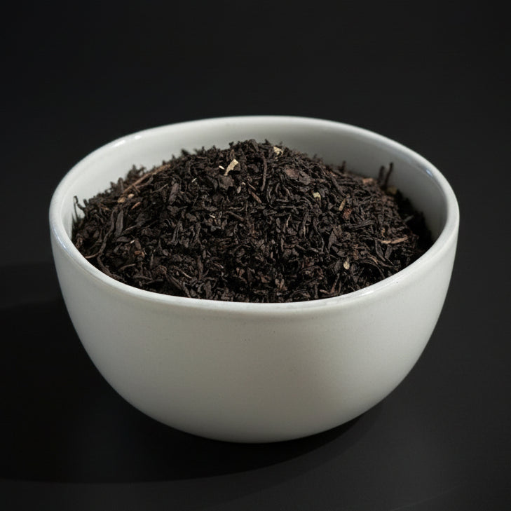 A bowl filled with loose leaf blackberry fruit tea.