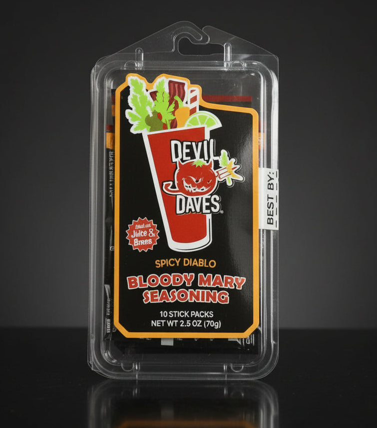 Packaged Devil Dave's Bloody Mary seasoning on a dark surface