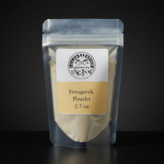 Packaging of fenugreek powder with a label on a dark background