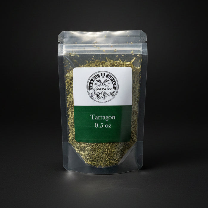 Packaged tarragon with a label on a black background