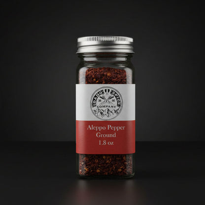 Jar of Aleppo pepper with a label on a wooden surface and dark background