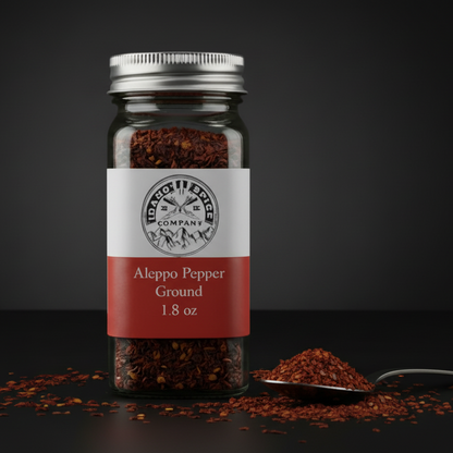 Jar of Aleppo pepper with a label on a black background