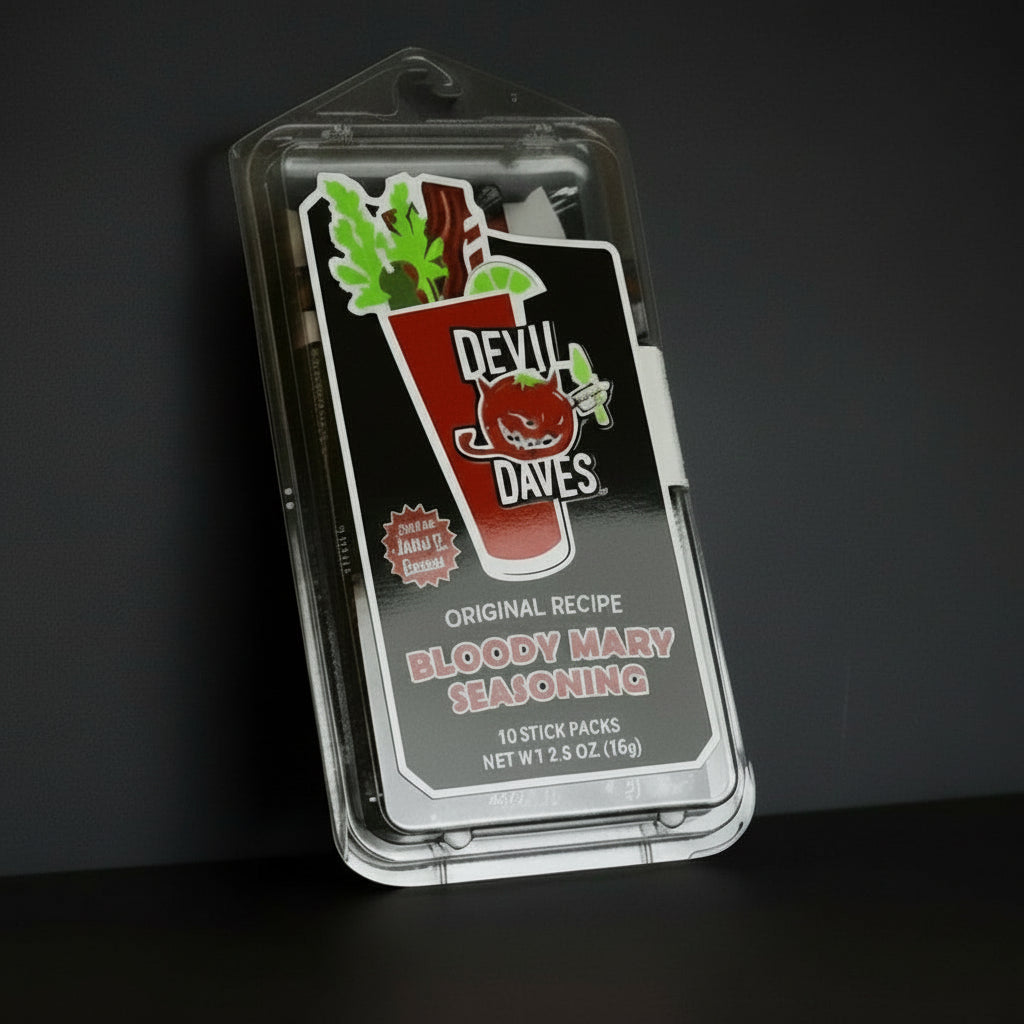 Packaged Bloody Mary seasoning by Devil Dave's on a dark background
