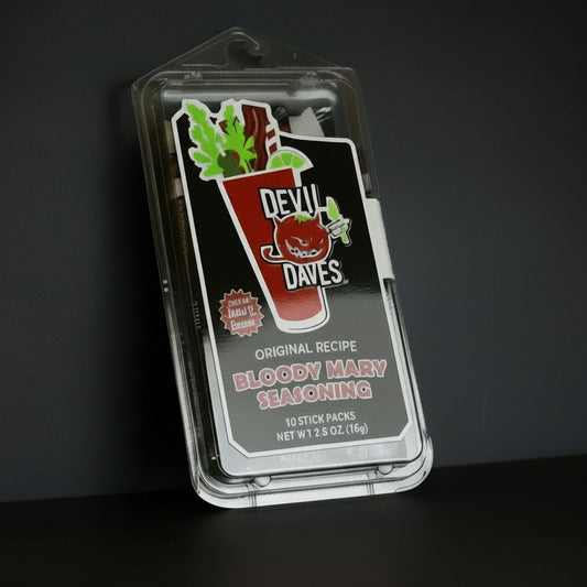 Packaged Bloody Mary seasoning by Devil Dave's on a dark background