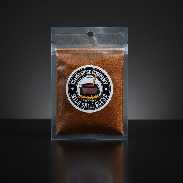 Package of Idaho Spice Company chili blend on a wooden surface