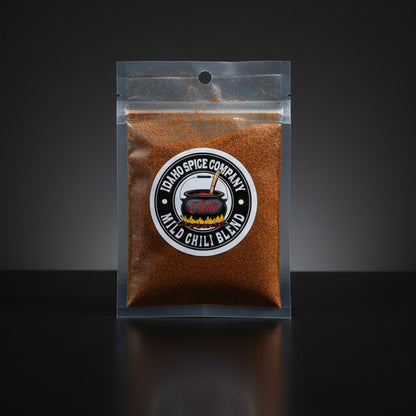 Package of Idaho Spice Company chili blend on a wooden surface