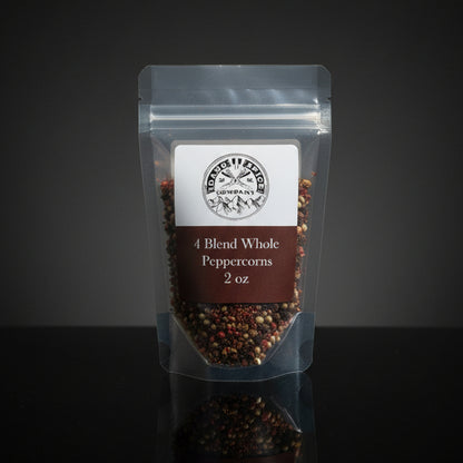 Packaged peppercorns with a label on a dark surface