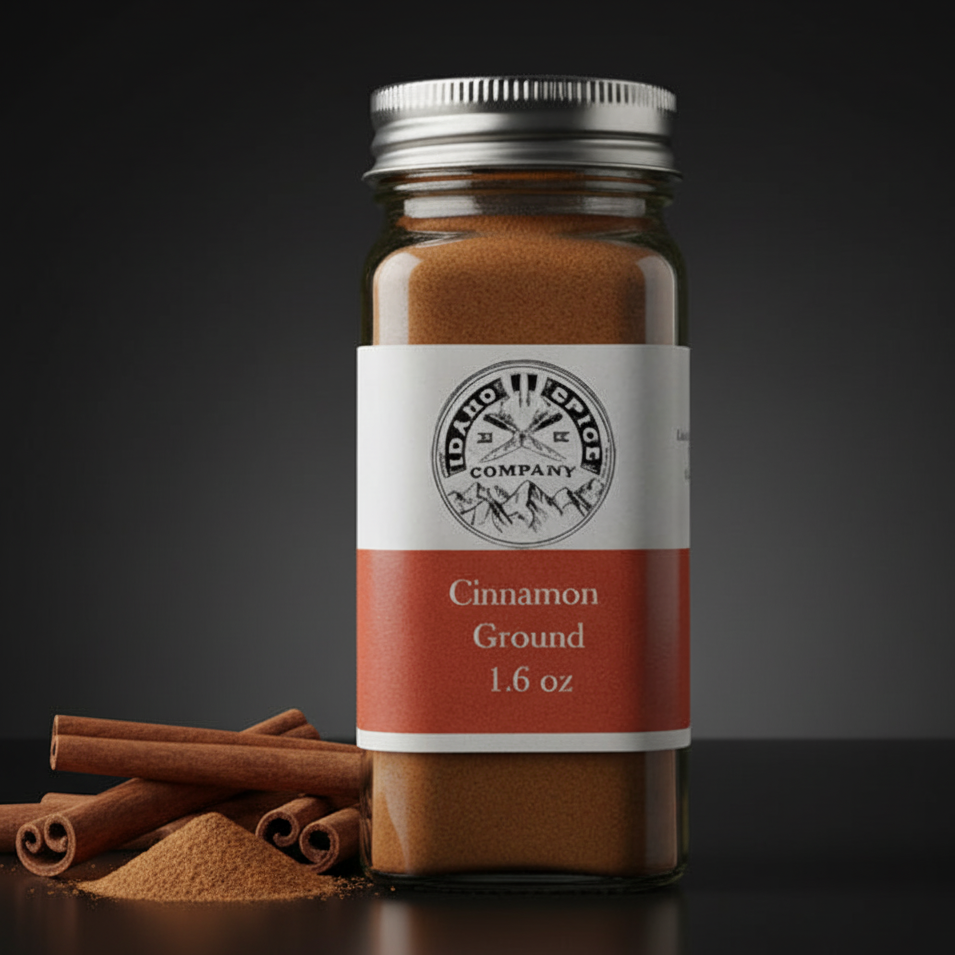 Jar of cinnamon ground with a label on a dark background