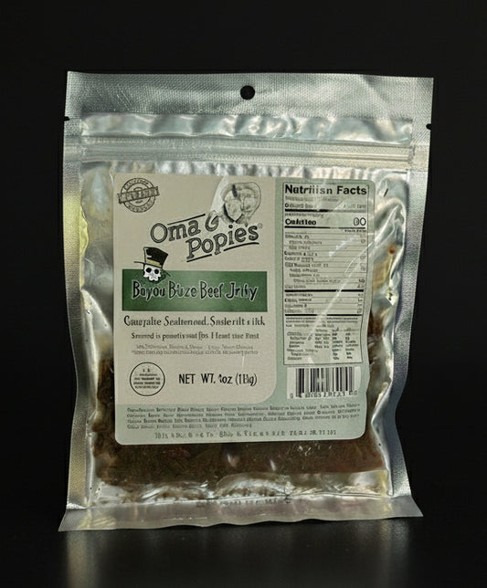 Packaged beef jerky with Oma & Popies branding on a dark background