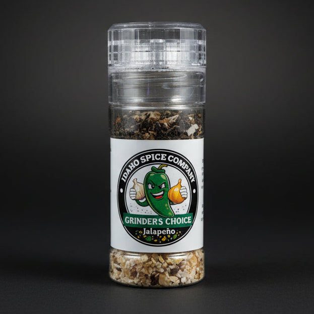 Spice grinder with label on a wooden surface