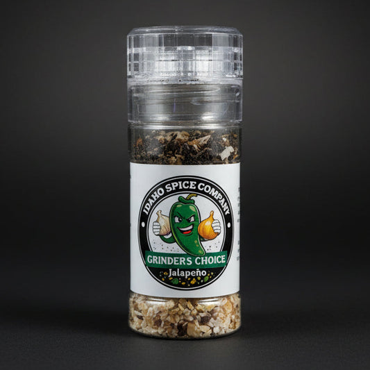 Spice grinder with label on a wooden surface