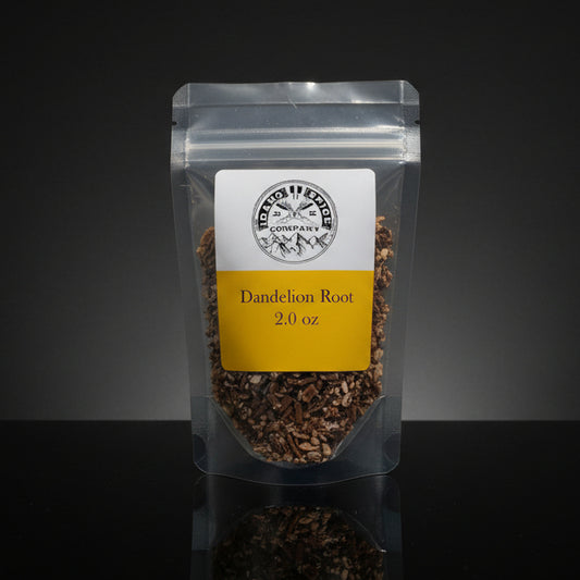Package of dandelion root with a label on a wooden surface