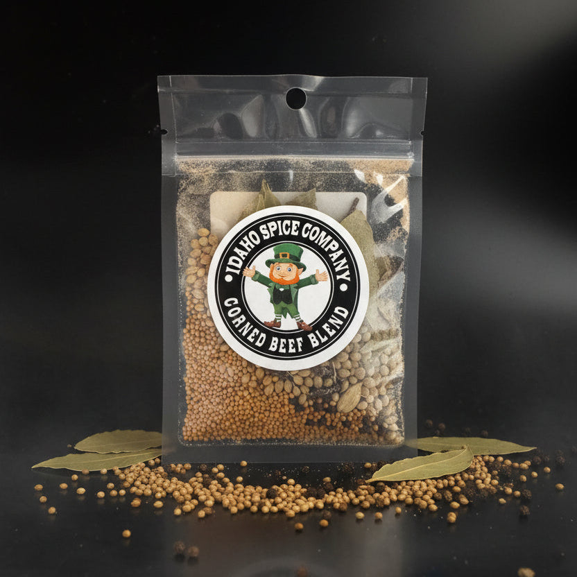 Packaged corned beef blend from Idaho Spice Company on a dark background with visible spices.