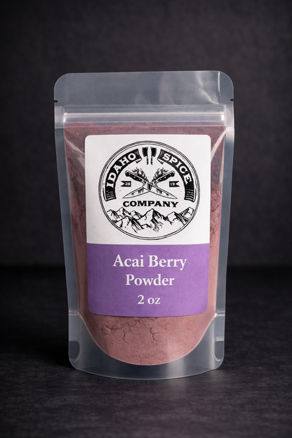Package of Acai Berry Powder from Idaho Spice Company on a dark background
