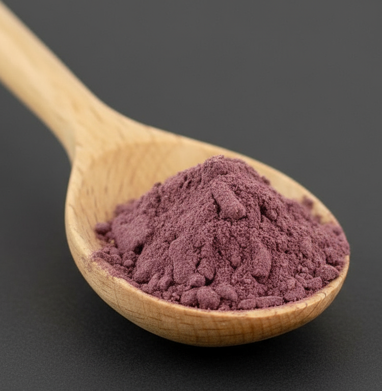 Wooden spoon filled with Acai powder on a dark background