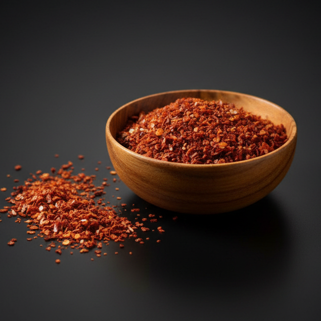 Wooden bowl filled with red Aleppo pepper flakes on a black background