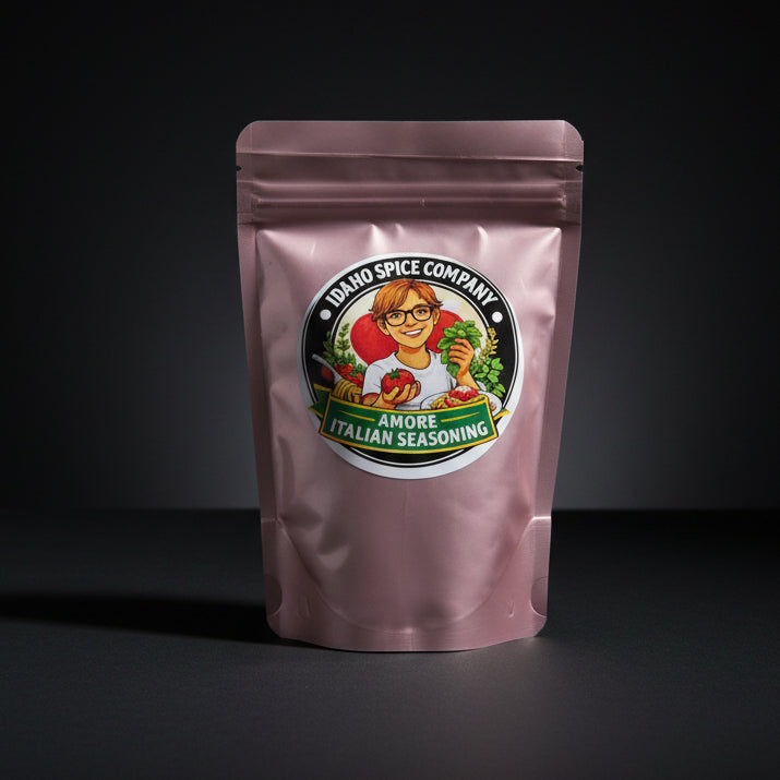 Pink packaging of Idaho Spice Company Amore Italian Seasoning on a black background