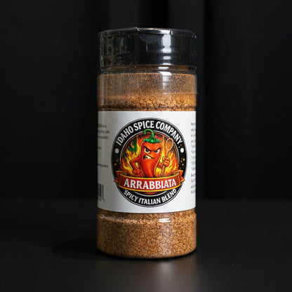 Spice jar labeled 'Idaho Spice Company Arrabiata' on a black background