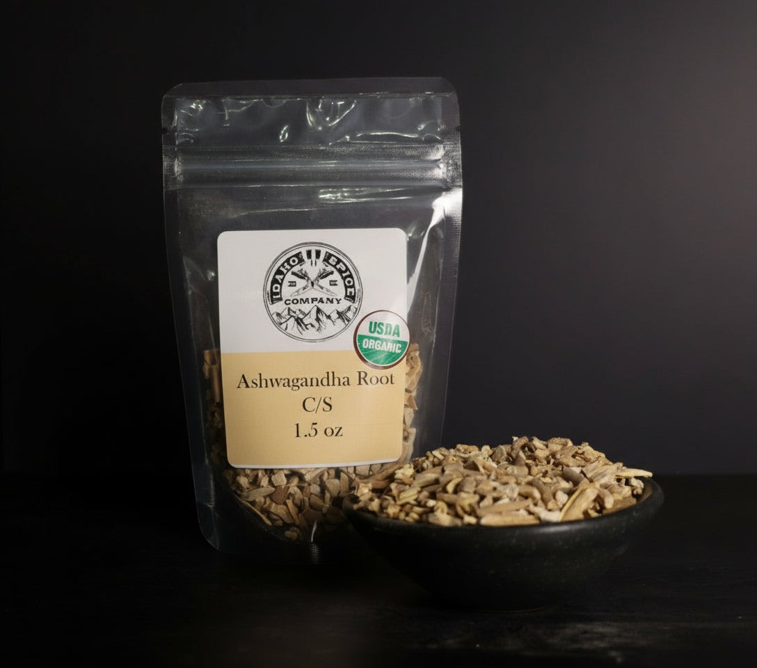 Packaged Ashwagandha Root with a label on a dark background