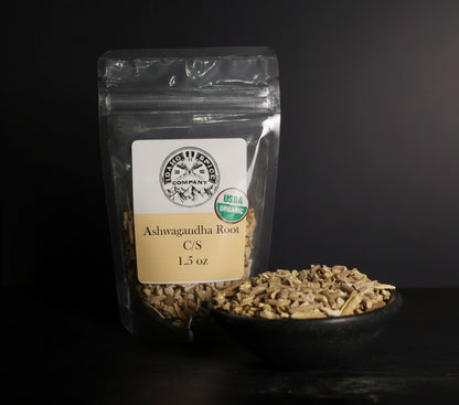Packaged Ashwagandha Root with a label on a dark background
