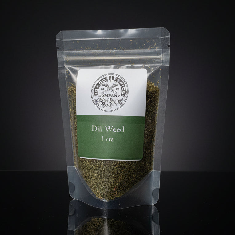 Packaged dill weed on a wooden surface with a dark background