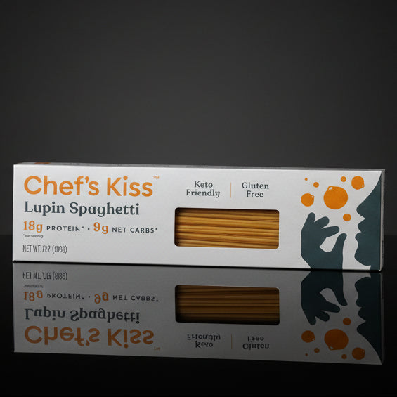 Box of Chef's Kiss Lupin Spaghetti on a wooden surface
