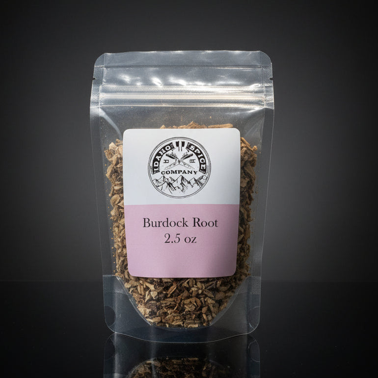 Package of Burdock Root tea on a black background
