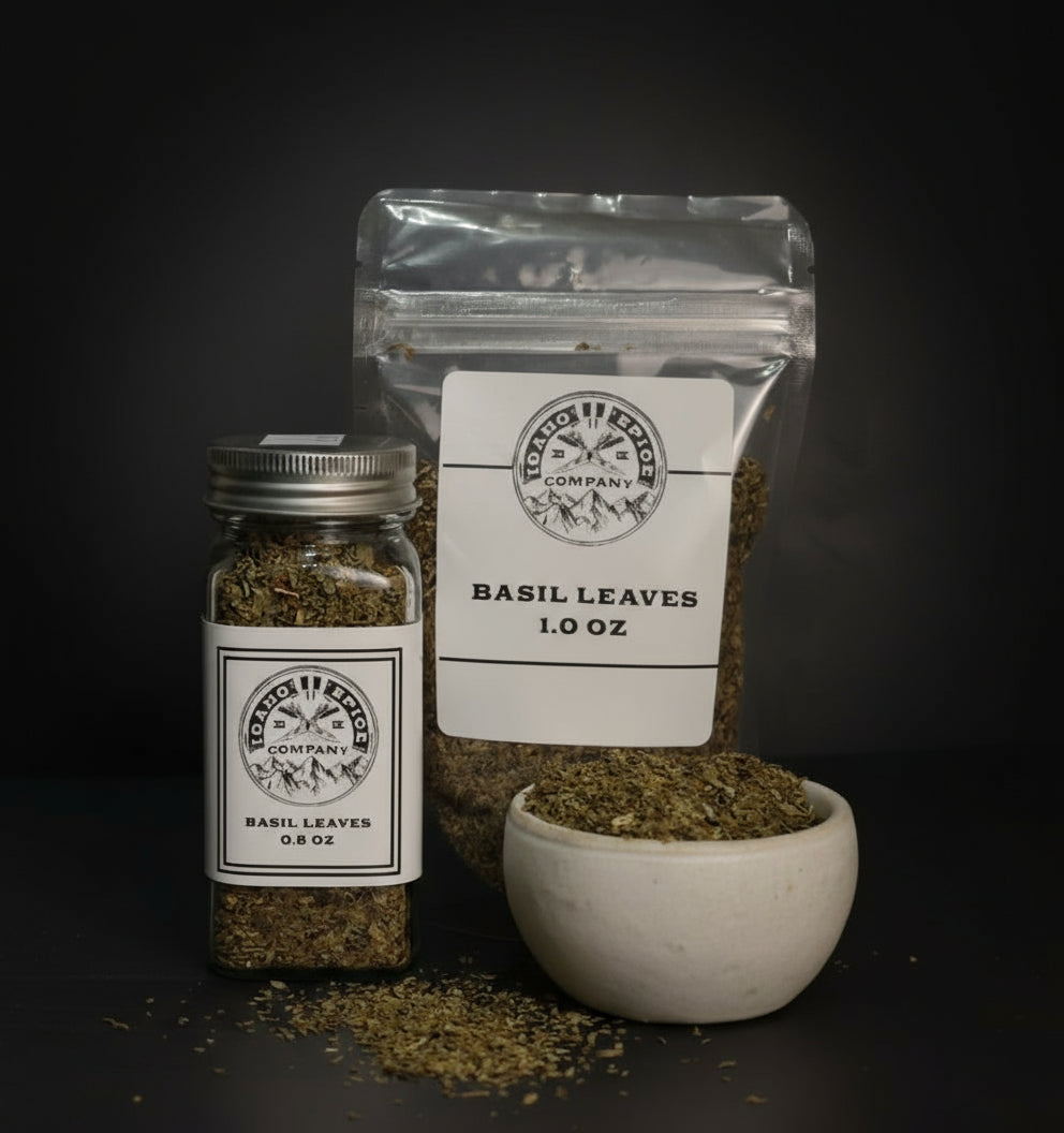 Basil leaves packaging including a jar, bag, and bowl on a dark background