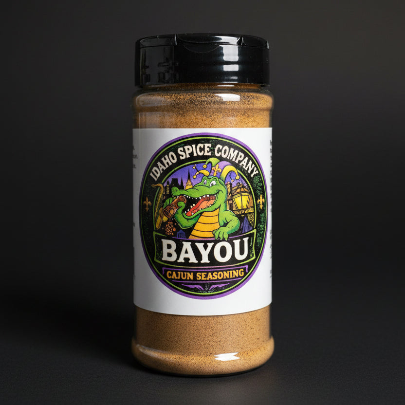Jar of Idaho Spice Company Bayou Cajun Seasoning on a dark background