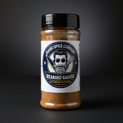 Spice jar labeled 'Bearded Badass' from Idaho Spice Company on a dark background
