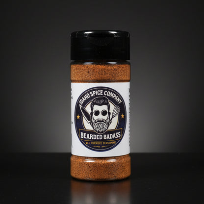 Spice container labeled 'Bearded Badass' from Idaho Spice Company on a dark background