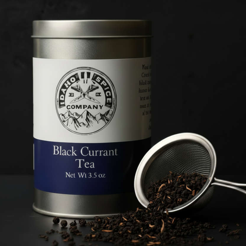 Idaho Spice Company Black Currant Tea canister with tea leaves spilling out on a dark background