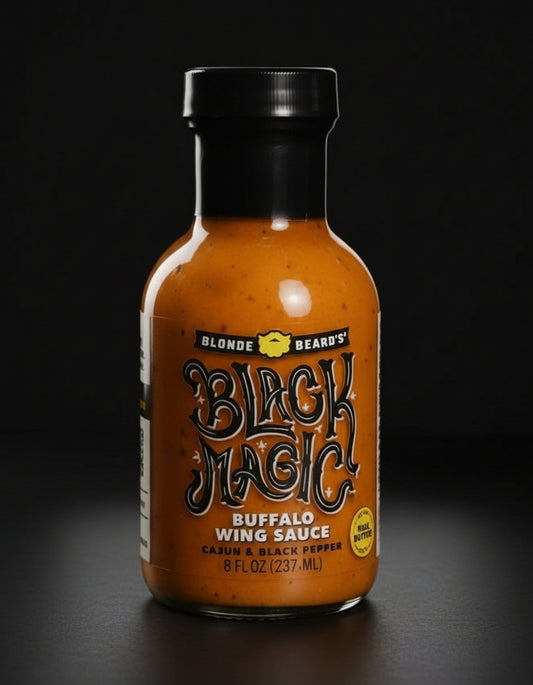 Bottle of Black Magic Buffalo Wing Sauce on a dark surface with a gray background
