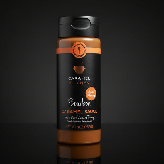 Bottle of Bourbon Caramel Sauce from Caramel Kitchen on a black background