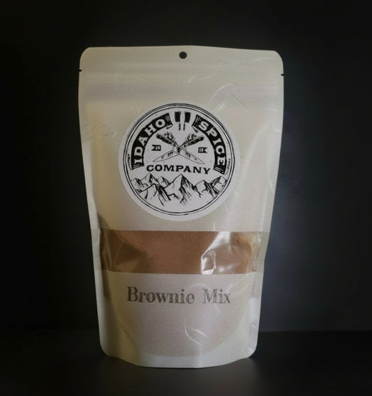 Package of Idaho Spice Company Brownie Mix on a dark background