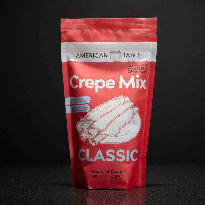 Red package of Crepe Mix with 'American Table' branding on a black background