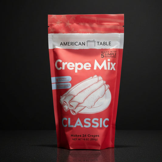 Red package of Crepe Mix with 'American Table' branding on a black background