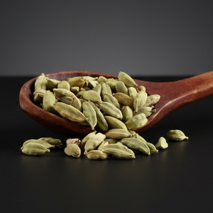 Wooden spoon with green cardamom pods on a black background