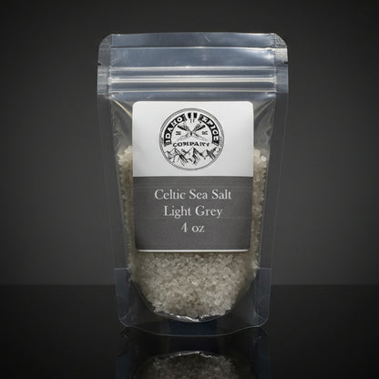 Packaged Celtic Sea Salt Light Grey on a dark background