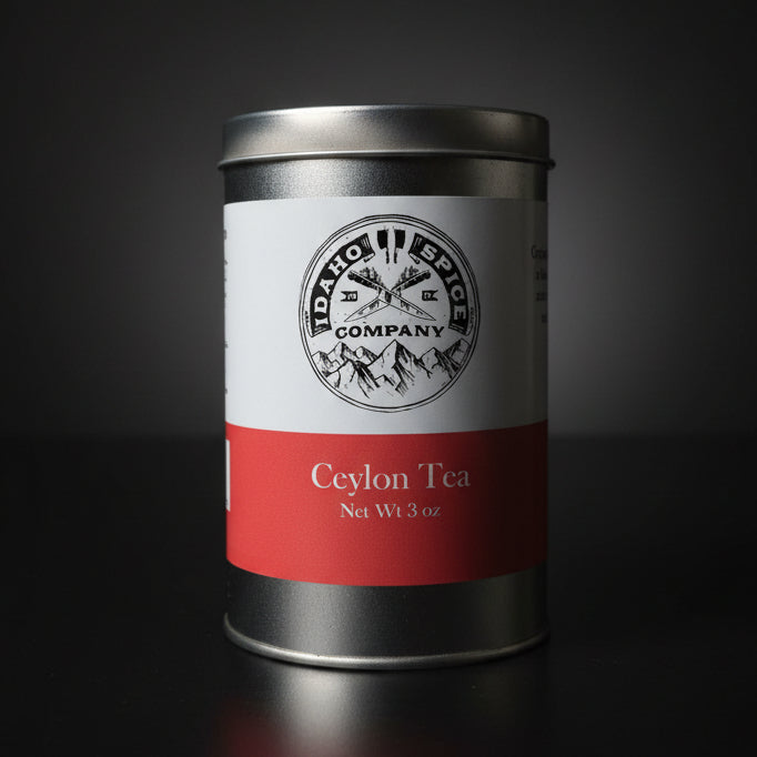 Ceylon Tea canister with Idaho Spice Company label on a dark background