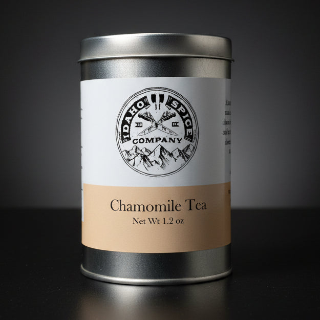 Idaho Spice Company chamomile tea canister on a dark background